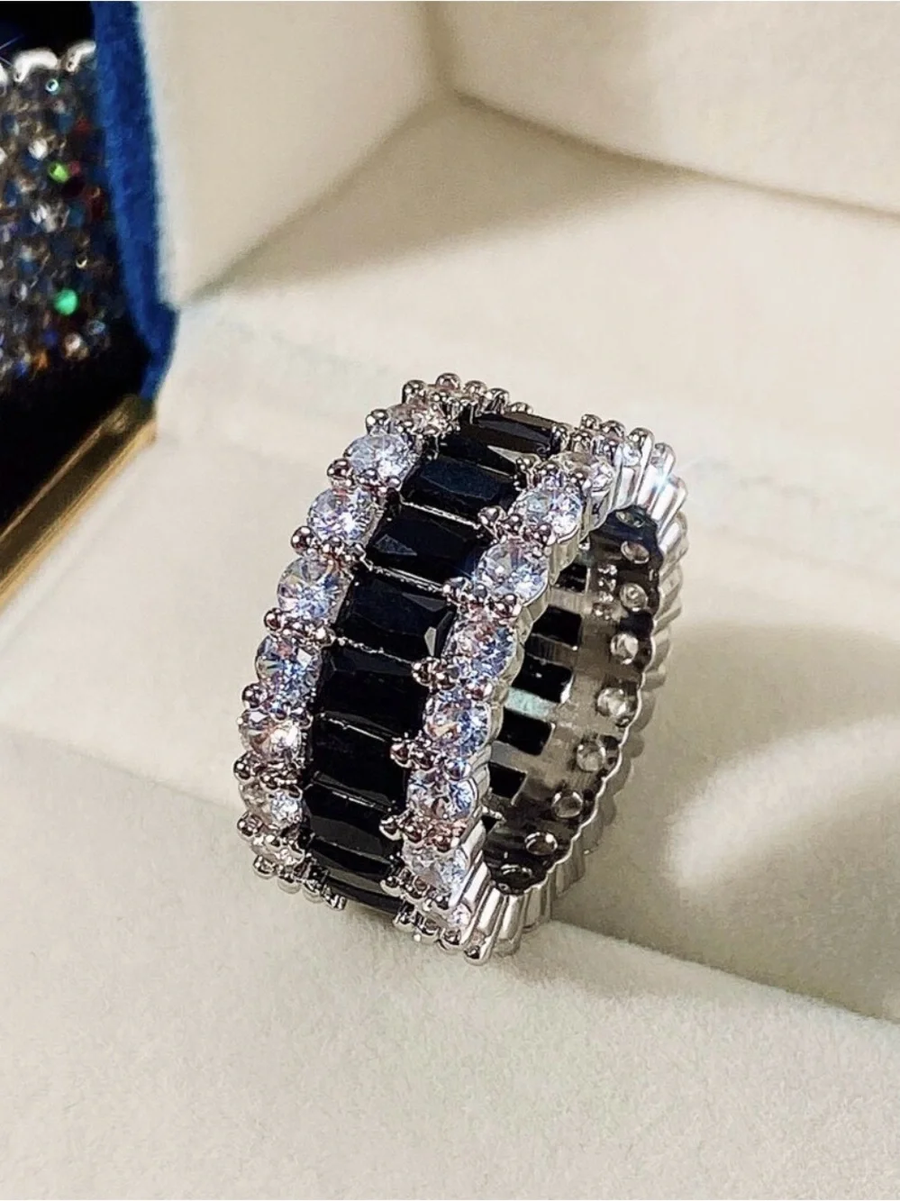 Black and Silver Eternity Band Ring with Clear Stones